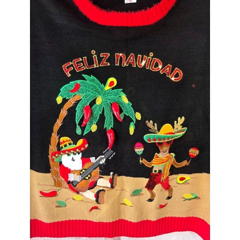 Holiday Time Feliz Navidad Christmas Sweater Unisx Sz 2X 3D Bells Peppers Sequin